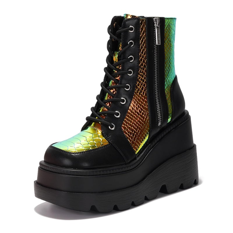 Cape Robbin Holographic Platform Ankle Boots for Women Chunky Block Heels Pointed Toe PU Leather with Buckle Strap Retro Futuristic Style (Radio) - Black Size 6 - Image 1